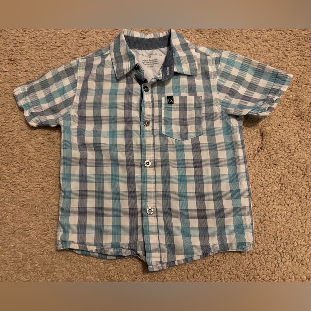 Calvin Klein Jeans Button up Dress casual shirt Teal Navy plaid 3T Toddler Boys